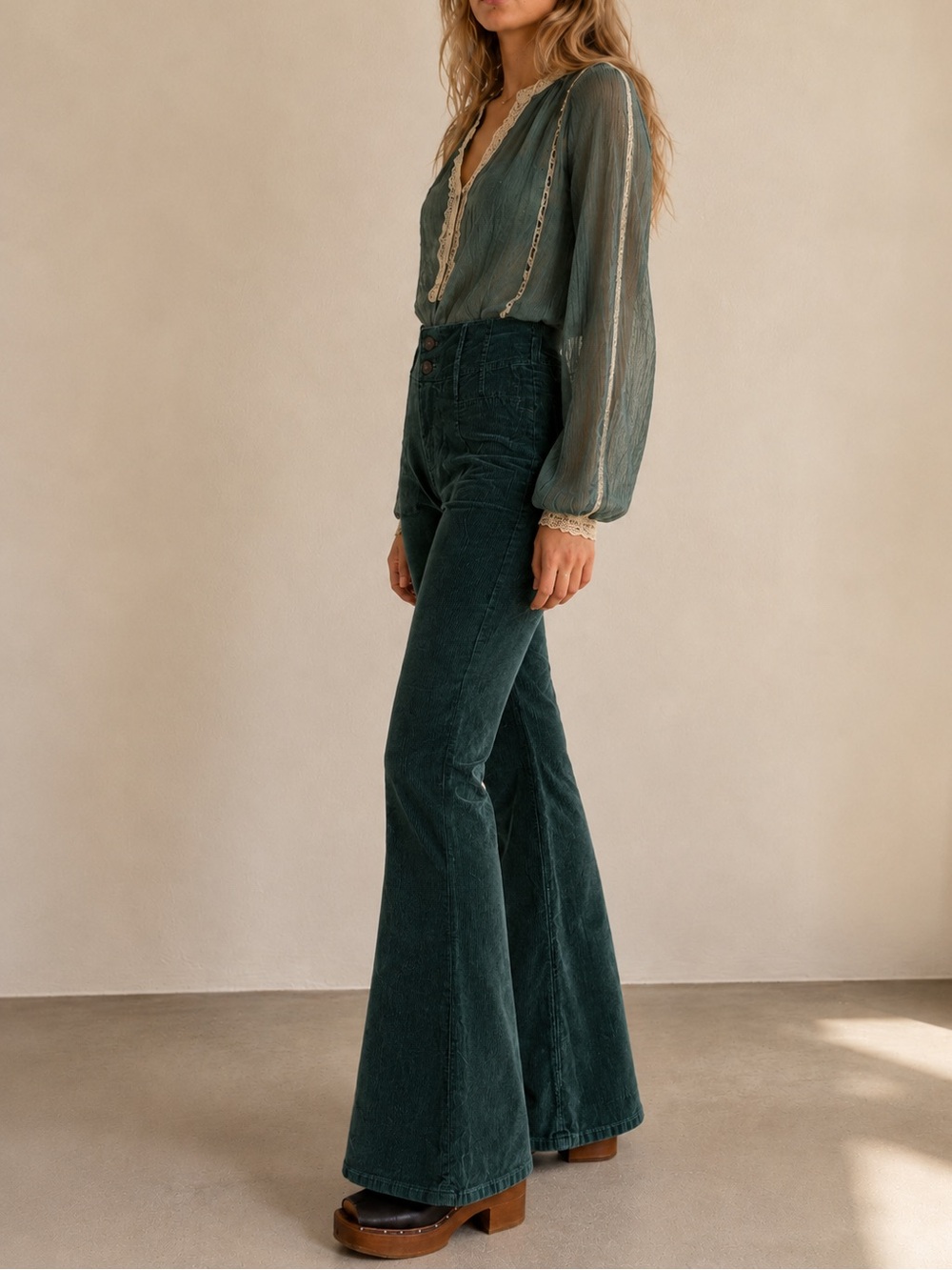 We The Free Corduroy Flare Pants High Rise Retro Dark Green Size 29